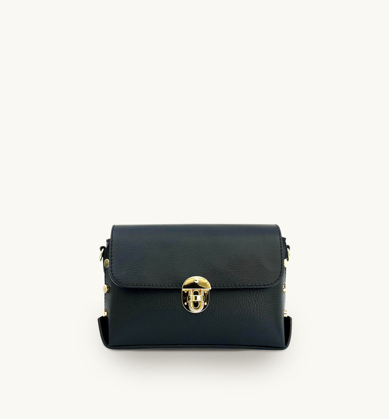 Gold Leather Crossbody Bag With Black & Gold Chevron Strap – Apatchy London